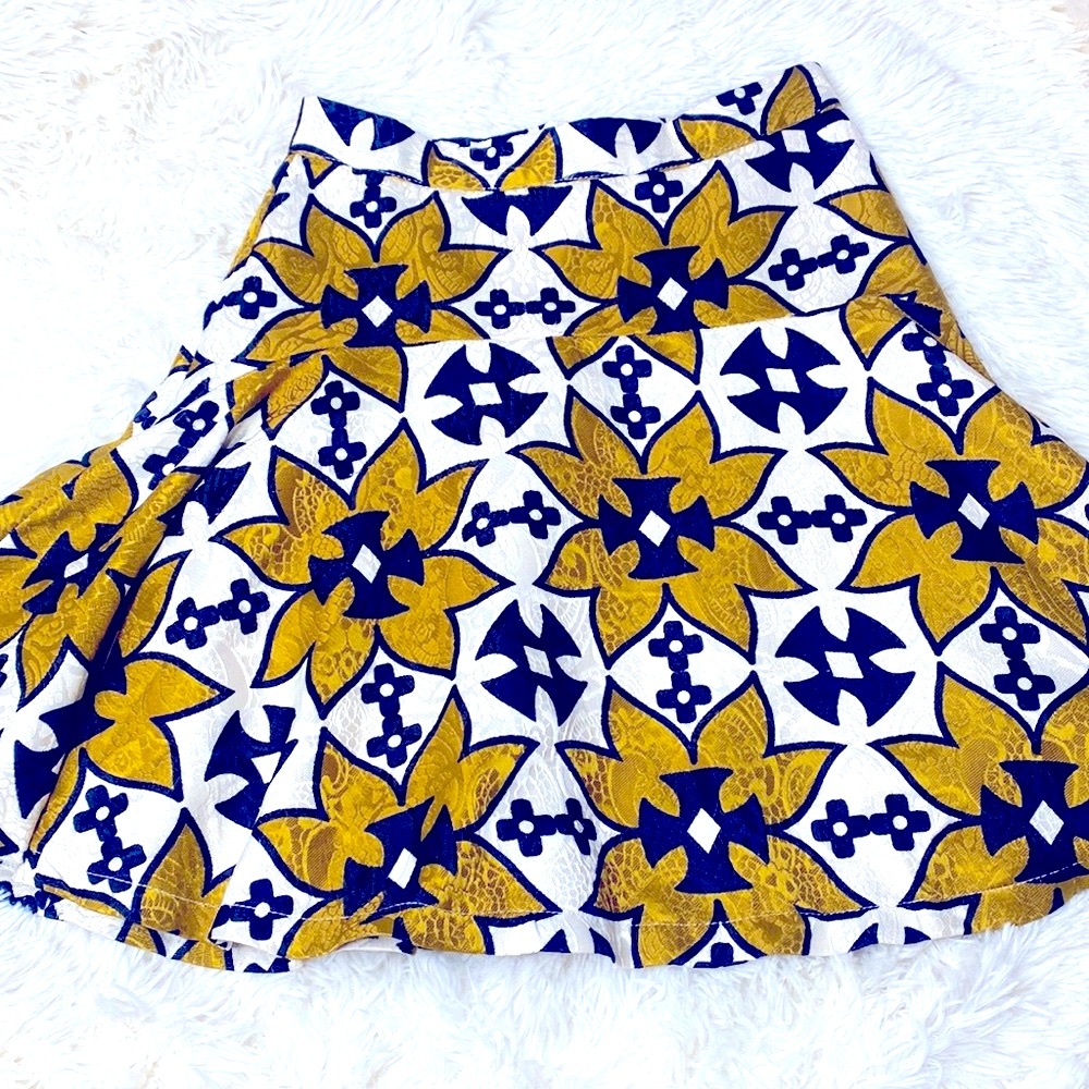 Anthropologie Anina Blue Green Ivory Geometric A-Line Skater Skirt Size Small